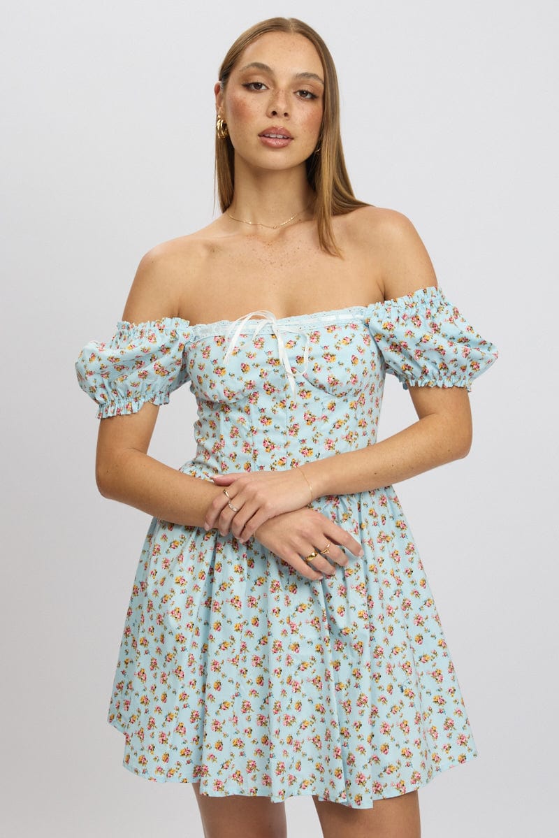 Blue Ditsy Fit And Flare Dress Corset Detail Mini