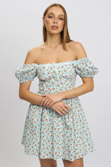 Blue Ditsy Fit And Flare Dress Corset Detail Mini