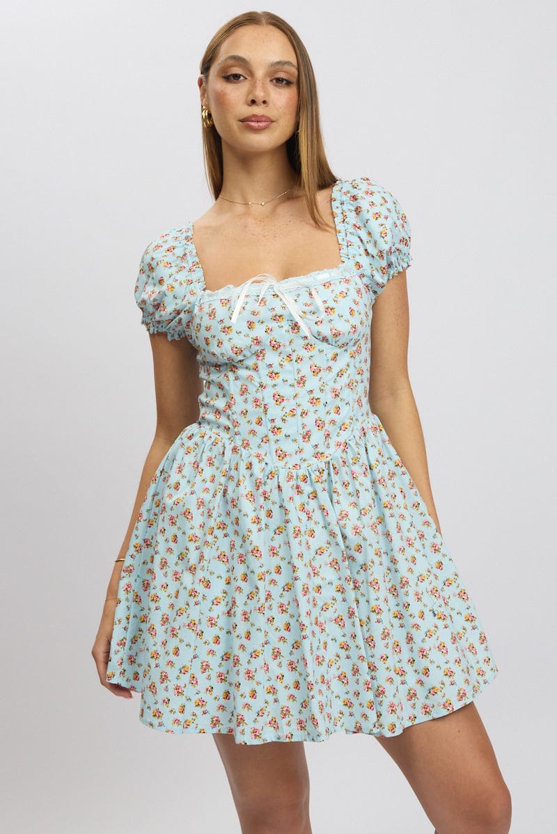 Blue Ditsy Fit And Flare Dress Corset Detail Mini