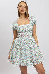 Blue Ditsy Fit And Flare Dress Corset Detail Mini
