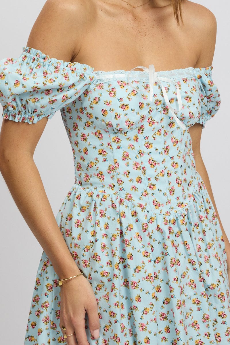 Blue Ditsy Fit And Flare Dress Corset Detail Mini