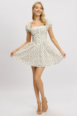 White Ditsy Fit And Flare Dress Corset Detail Mini