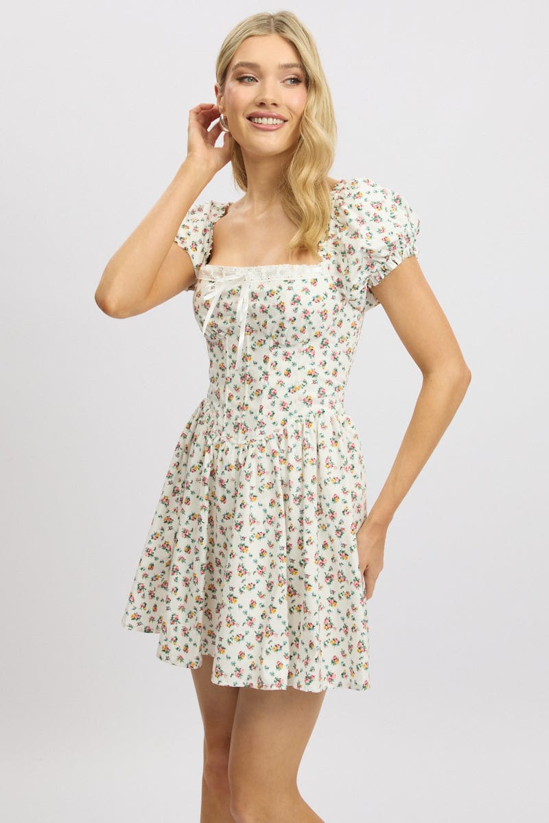 White Ditsy Fit And Flare Dress Corset Detail Mini