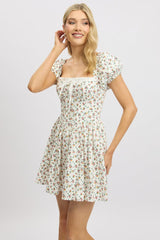 White Ditsy Fit And Flare Dress Corset Detail Mini