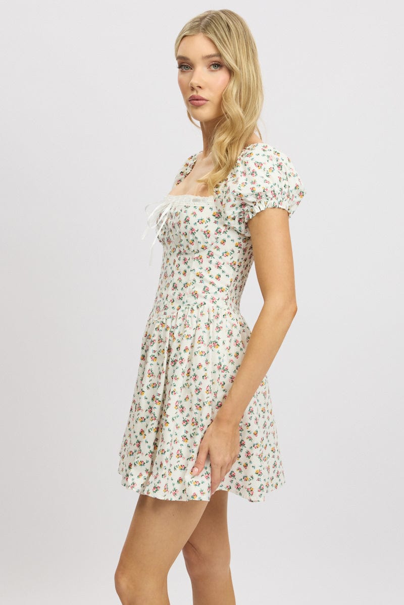 White Ditsy Fit And Flare Dress Corset Detail Mini