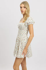 White Ditsy Fit And Flare Dress Corset Detail Mini
