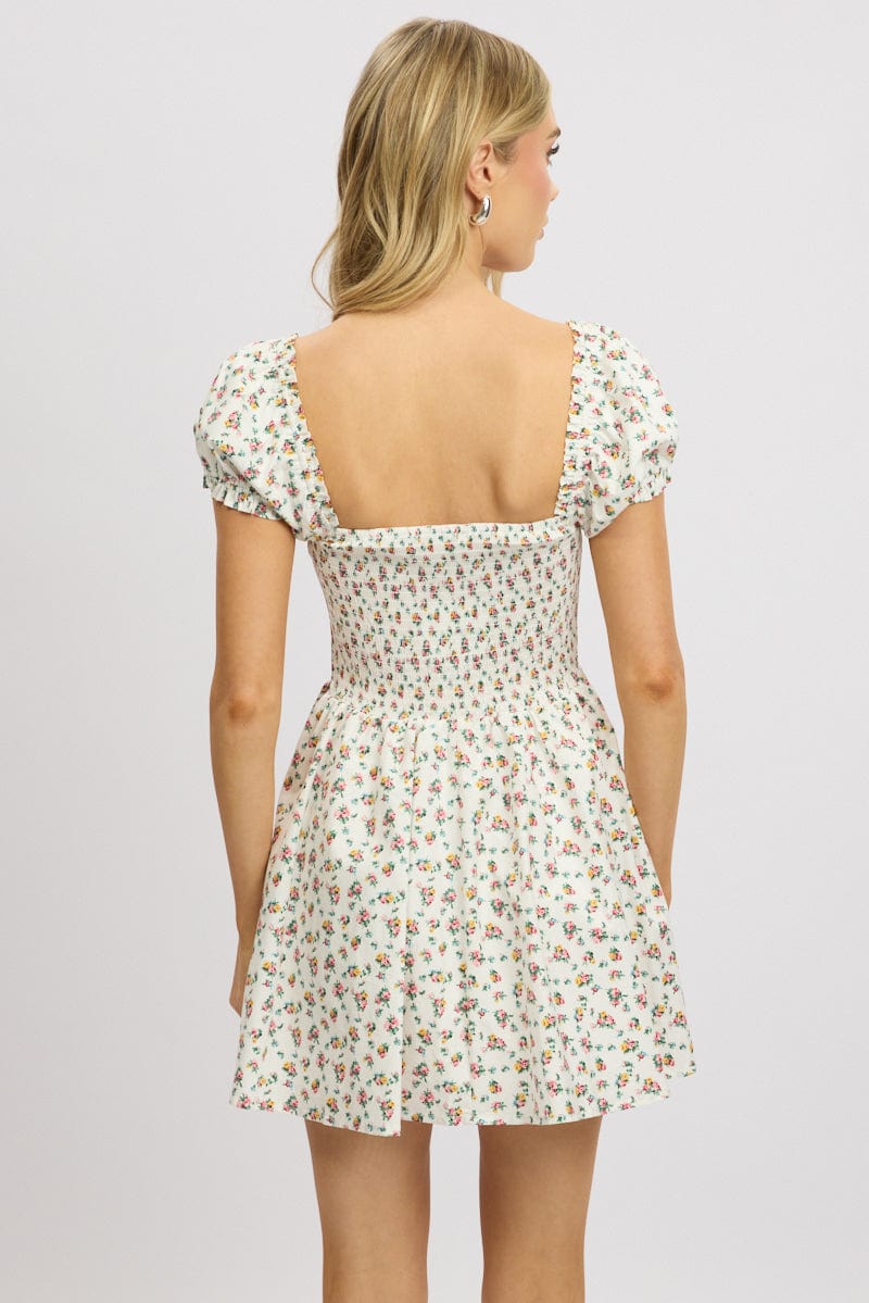 White Ditsy Fit And Flare Dress Corset Detail Mini