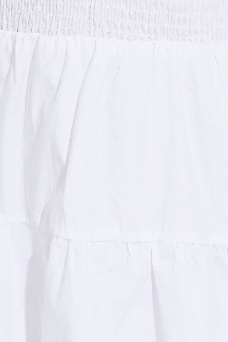 White Skater Dress Short Puff Sleeve V Neck Cotton