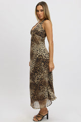 Brown Animal Print Midi Dress Halter Neck