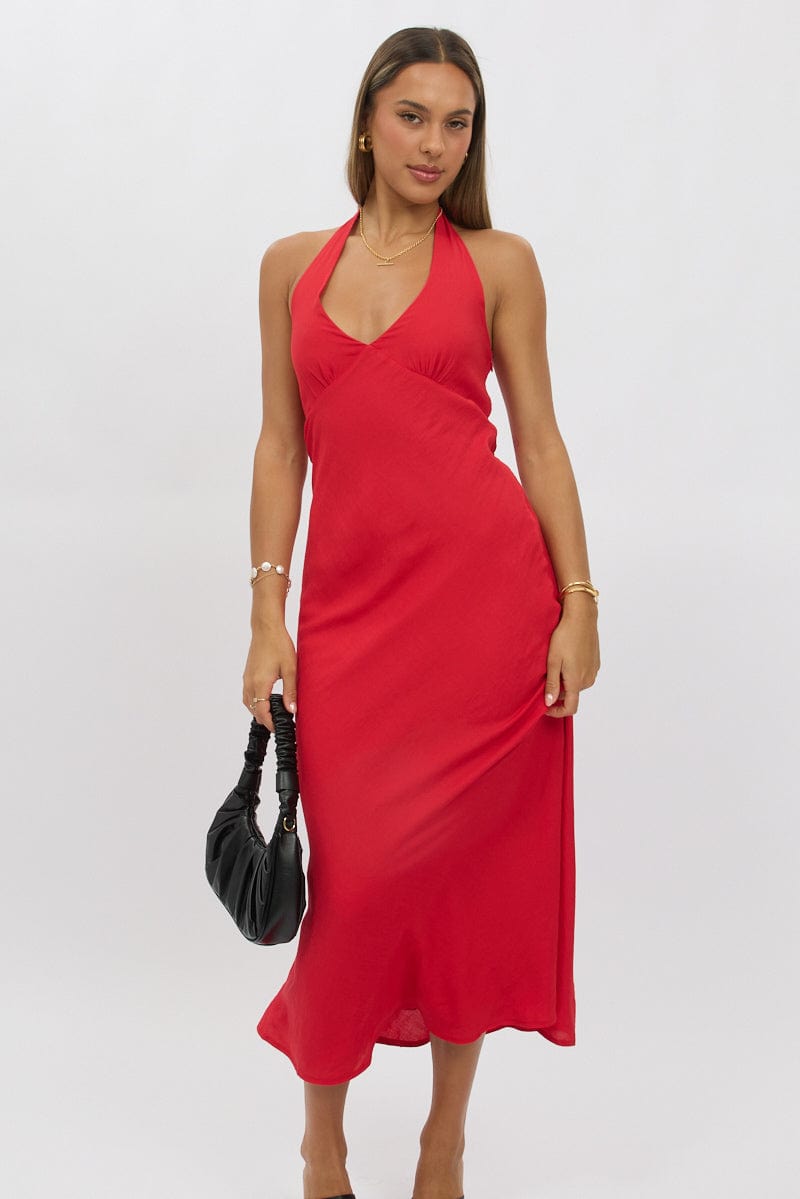 Red Halter Neck Dress Midi