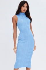 Blue Midi Dress Turtle Neck Bodycon Knitted Rib