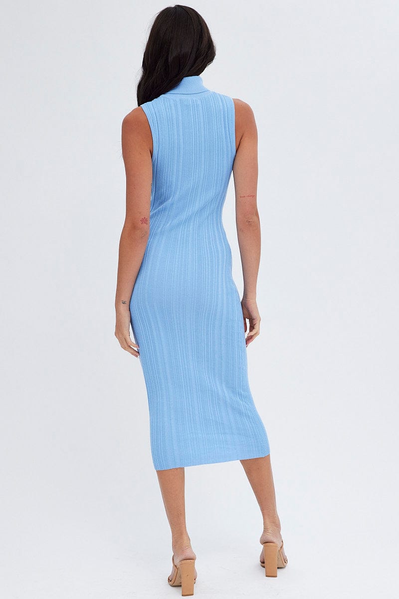 Blue Midi Dress Turtle Neck Bodycon Knitted Rib