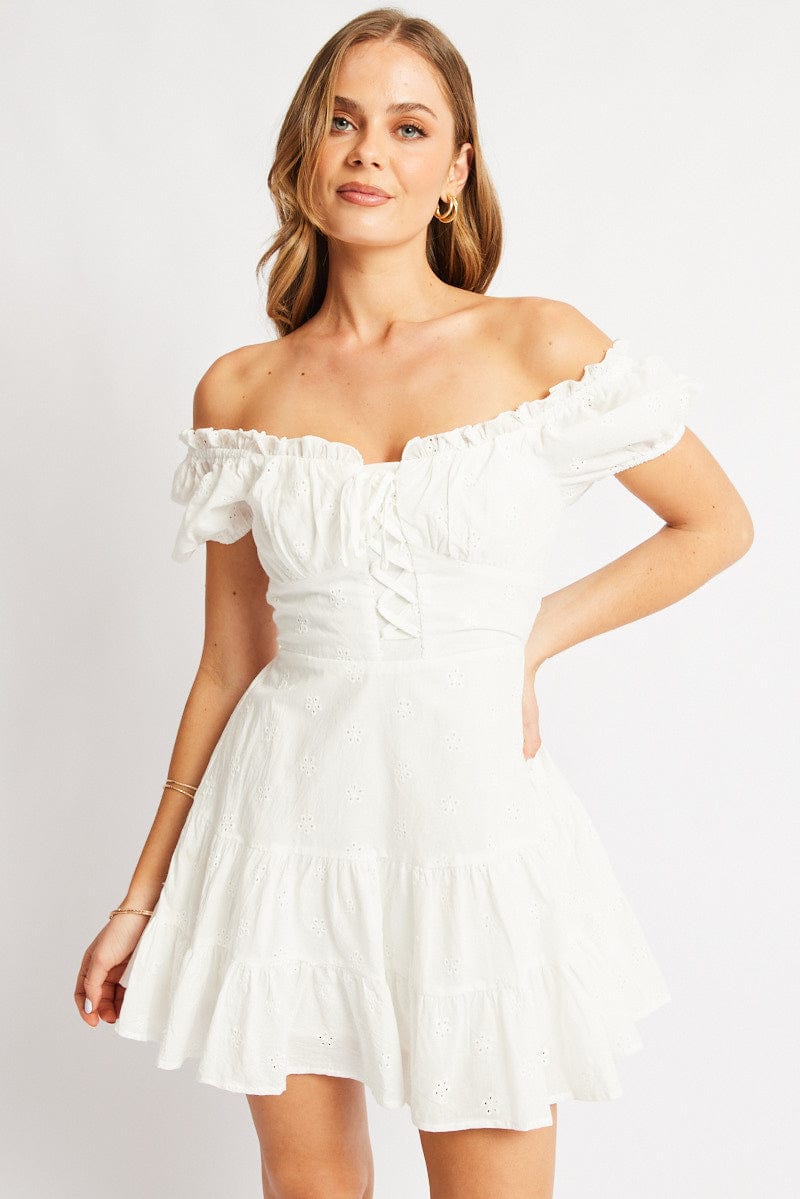 White Fit And Flare Dress Short Sleeve Eyelet Fabric