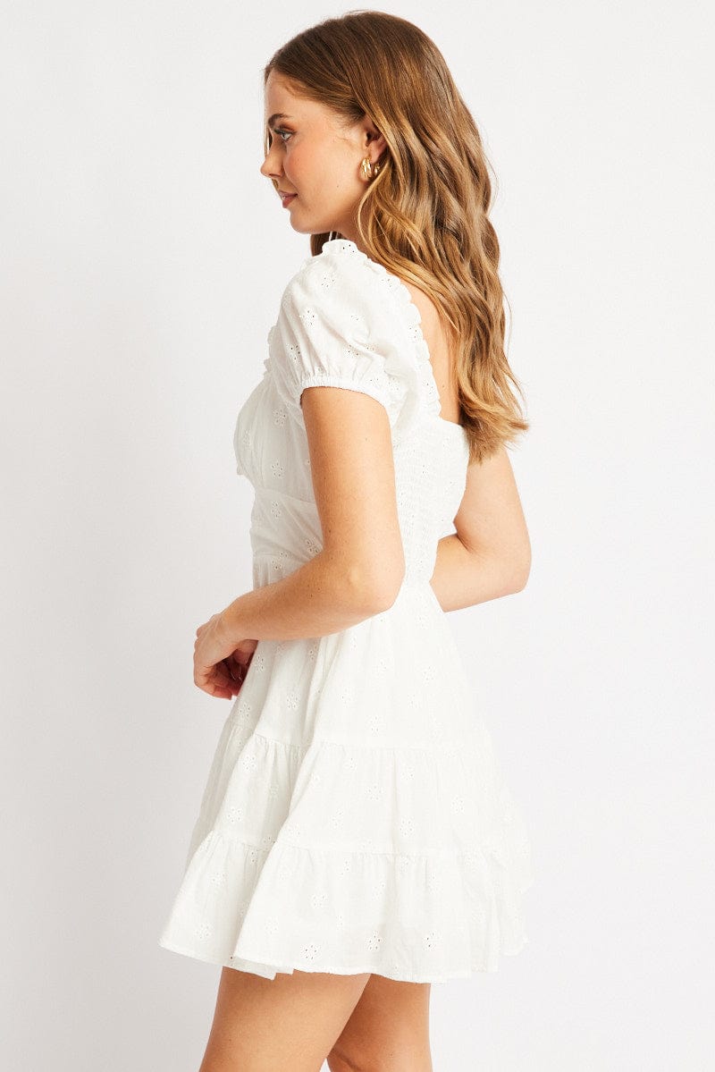 White Fit And Flare Dress Short Sleeve Eyelet Fabric