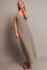 Brown Geo Midi Dress V Neck Sleeveless