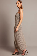 Brown Geo Midi Dress V Neck Sleeveless