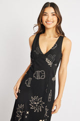 Black Abstract Midi Dress V Neck Sleeveless