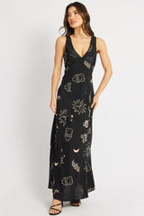 Black Abstract Midi Dress V Neck Sleeveless