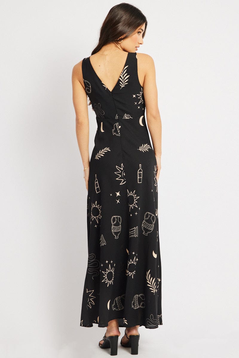 Black Abstract Midi Dress V Neck Sleeveless