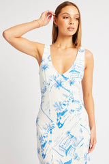 Blue Abstract Midi Dress V Neck Sleeveless