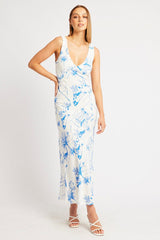 Blue Abstract Midi Dress V Neck Sleeveless