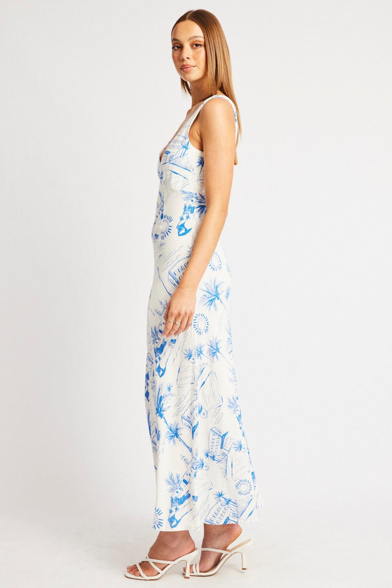 Blue Abstract Midi Dress V Neck Sleeveless