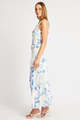 Blue Abstract Midi Dress V Neck Sleeveless