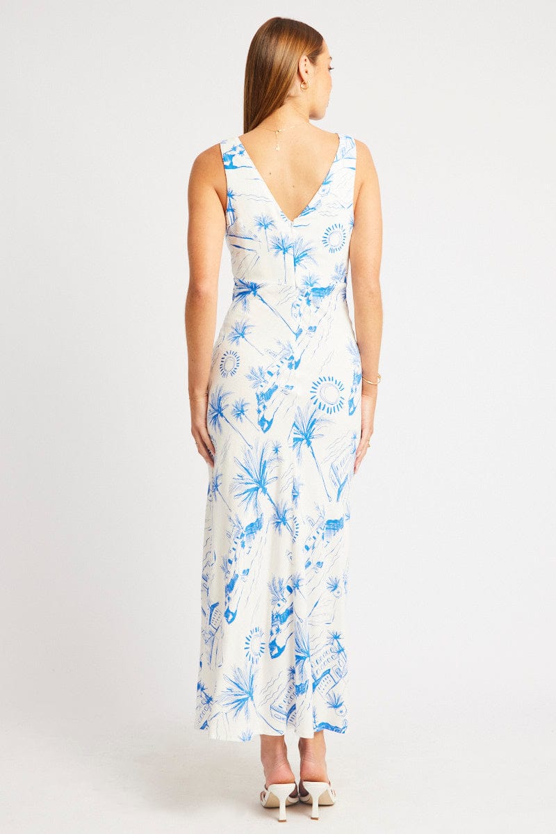 Blue Abstract Midi Dress V Neck Sleeveless