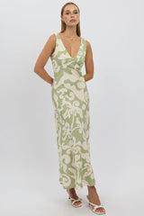 Green Abstract Midi Dress V Neck Sleeveless