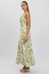 Green Abstract Midi Dress V Neck Sleeveless