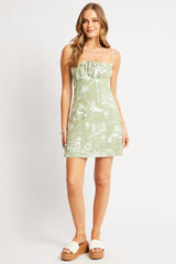 Green Abstract Mini Dress Ruched Bust
