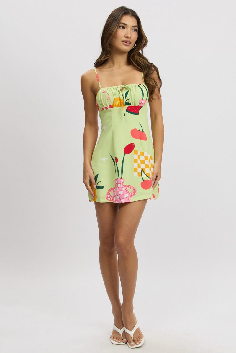 Green Abstract Mini Dress Ruched Bust