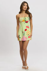Green Abstract Mini Dress Ruched Bust