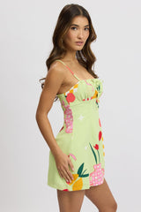 Green Abstract Mini Dress Ruched Bust