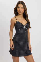 Black Polka Dot Mini Dress V-Neck Strappy