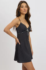 Black Polka Dot Mini Dress V-Neck Strappy