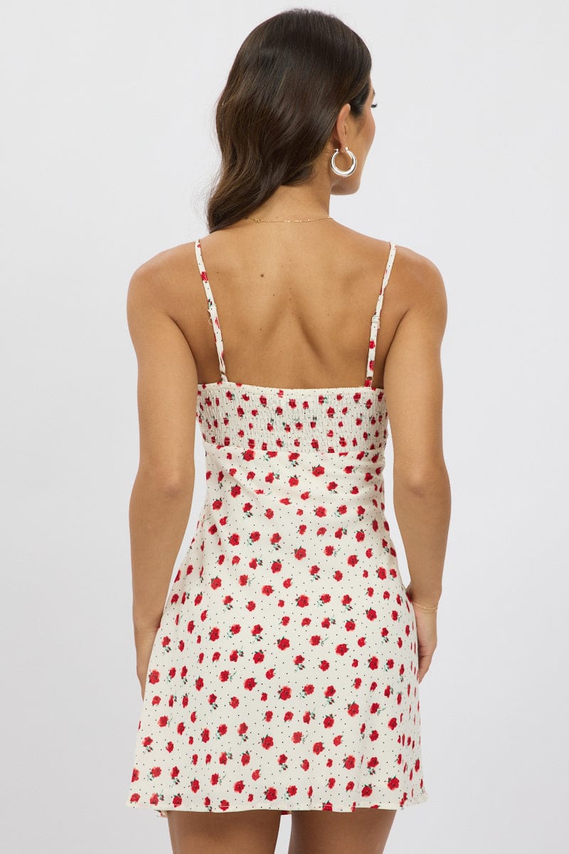 Red Ditsy Mini Dress V-Neck Strappy