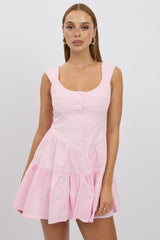 Pink Fit And Flare Dress Mini Front Button Placket