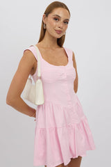 Pink Fit And Flare Dress Mini Front Button Placket