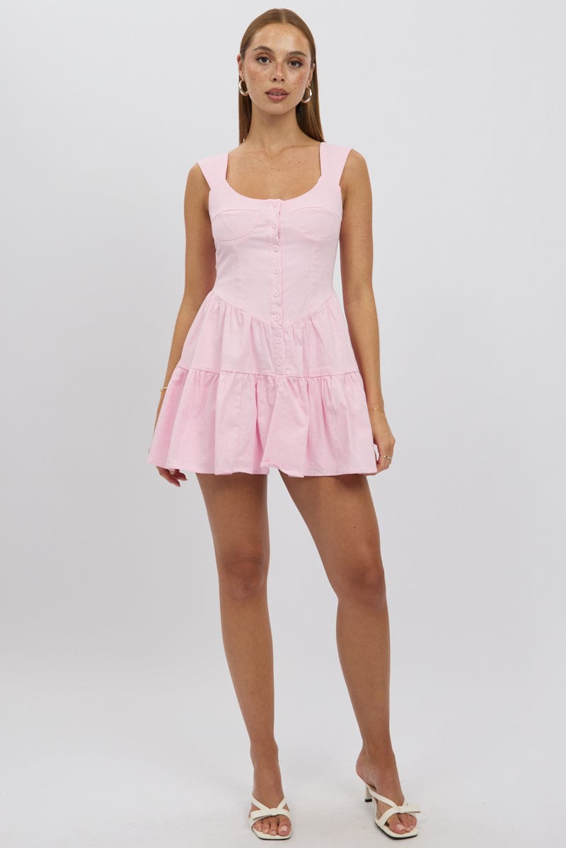 Pink Fit And Flare Dress Mini Front Button Placket