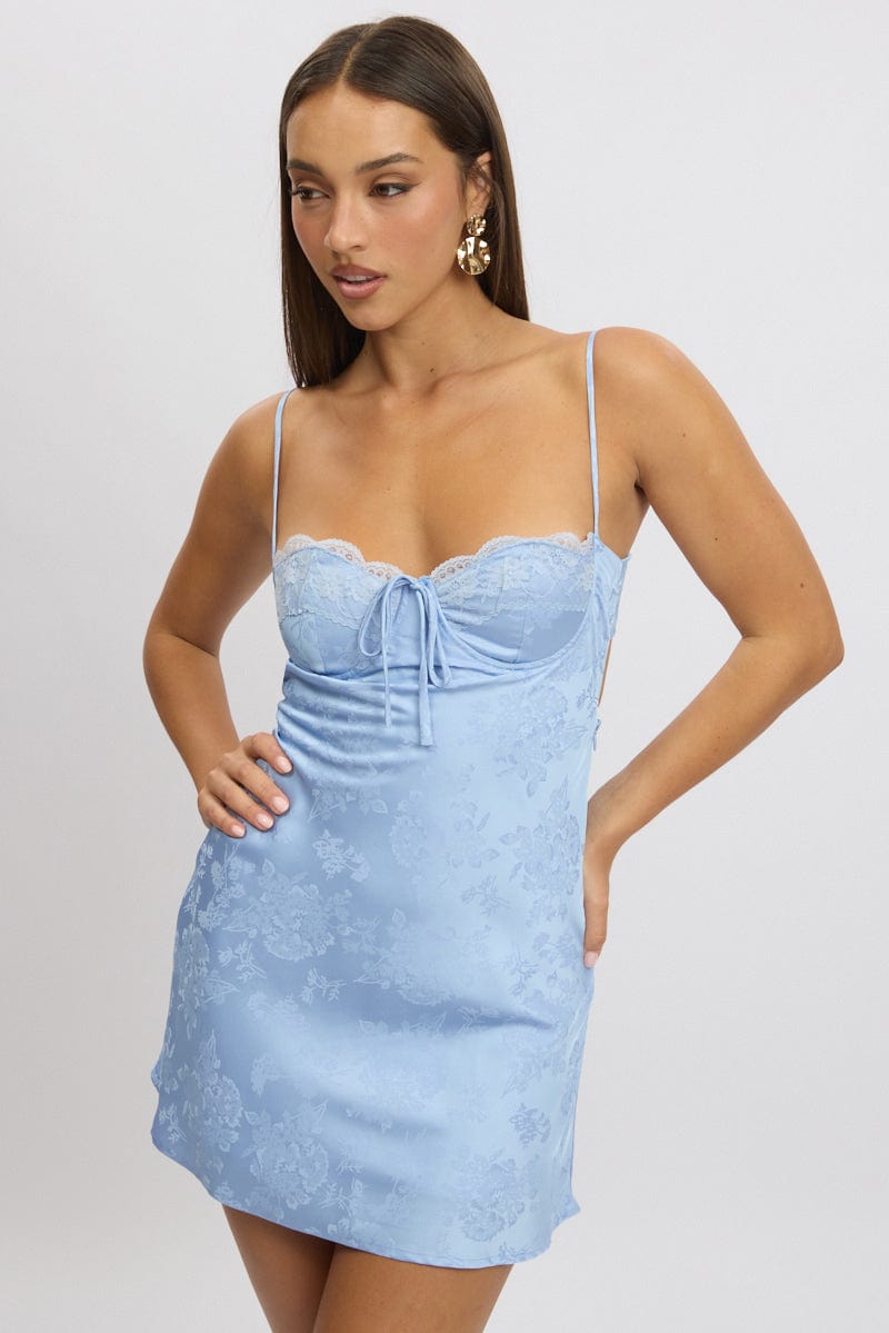 Blue Mini Dress Tie Back Jacquard Fabric