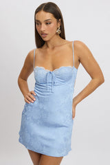 Blue Mini Dress Tie Back Jacquard Fabric