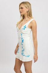 White Mini Dress V Neck Embroidery