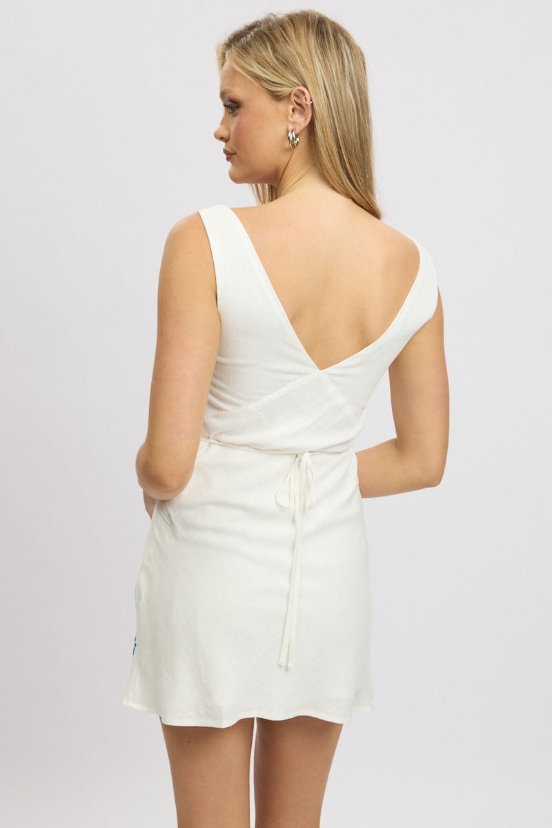 White Mini Dress V Neck Embroidery