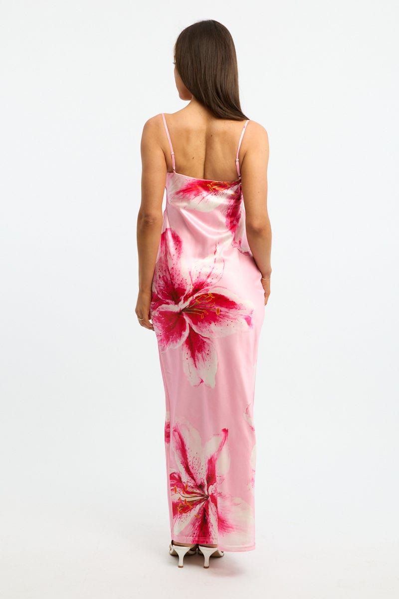 Pink Floral Maxi Dress Cowl Neck