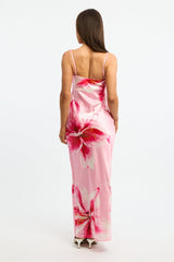 Pink Floral Maxi Dress Cowl Neck