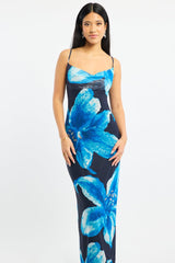 Blue Floral Maxi Dress Cowl Neck Mesh