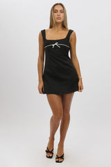 Black Mini Dress Square Neck Mini Ribbon Detail