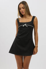 Black Mini Dress Square Neck Mini Ribbon Detail