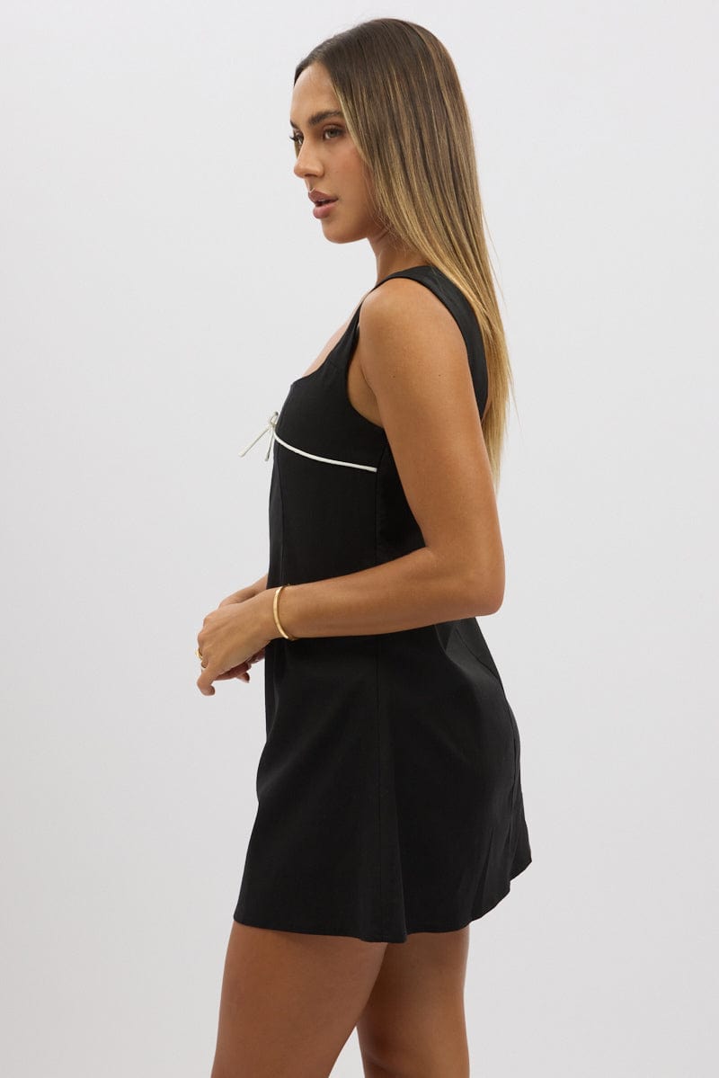 Black Mini Dress Square Neck Mini Ribbon Detail
